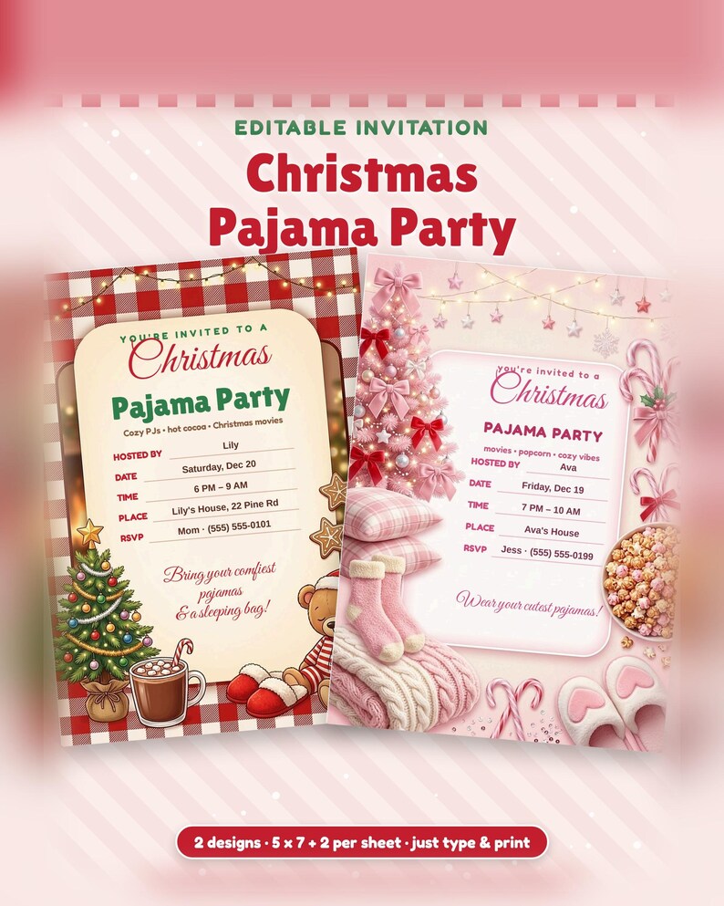 Christmas Pajama Party Invitation, Editable Kids Sleepover Invite ...