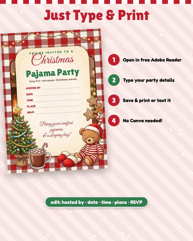 Christmas Pajama Party Invitation, Editable Kids Sleepover Invite ...