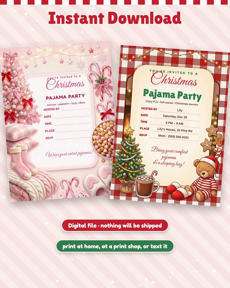 Christmas Pajama Party Invitation, Editable Kids Sleepover Invite ...