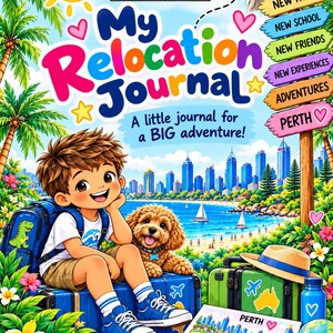 Könnte beinhalten: Ein farbenfrohes Journal-Cover mit dem Titel My Relocation Journal, das ein Cartoon-Kind und einen Welpen auf blauem Gepäck zeigt. Die Szene umfasst einen tropischen Strand, eine Skyline, ein Wegweiser-Schild und einen Kakadu.