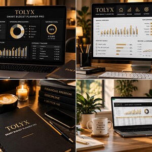 May include: A Tolyx Smart Budget Planner Pro digital interface displayed on a laptop and desktop monitor, featuring financial charts, spending breakdowns, and savings goals in gold and white text on a black background, alongside a physical planner.