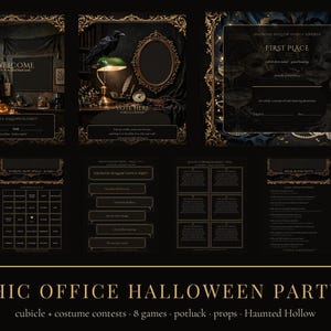 May include: A Gothic office Halloween party kit featuring black and gold printed stationery, including welcome signs, voting ballots, first place award certificates, bingo cards, and game sheets with ornate decorative borders and dark imagery.