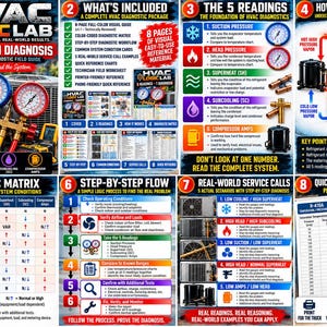 Puede incluir: Una guía de diagnóstico HVAC Logic Lab de ocho páginas con tablas técnicas, diagramas de flujo del sistema y escenarios de servicio. El documento incluye una matriz de diagnóstico, flujos de trabajo paso a paso y hojas de referencia.