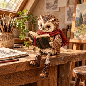 Könnte beinhalten: Eine braune Eulenfigur mit runder Drahtbrille und rotem Strickschal, die auf einer Holzoberfläche sitzt und ein offenes Buch mit einem blattförmigen Lesezeichen hält. Die Eule trägt braune Schnürstiefel und hat strukturierte Federn.