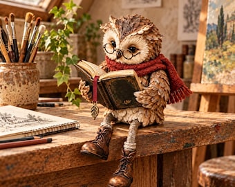 Peut inclure: Une figurine de chouette brune portant des lunettes rondes à monture métallique et une écharpe en tricot rouge, assise sur une surface en bois tout en tenant un livre ouvert avec un marque-page en forme de feuille et des bottines.