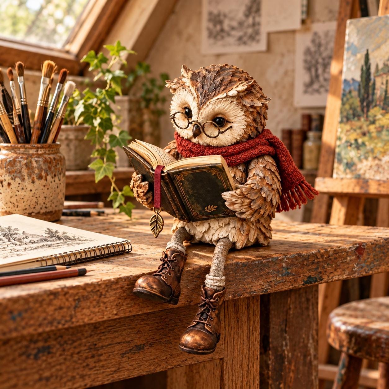 Reading Owl Figurine with Glasses and Book, Whimsical Bookshelf Decor, Cozy Cottage Home Accent, Tea