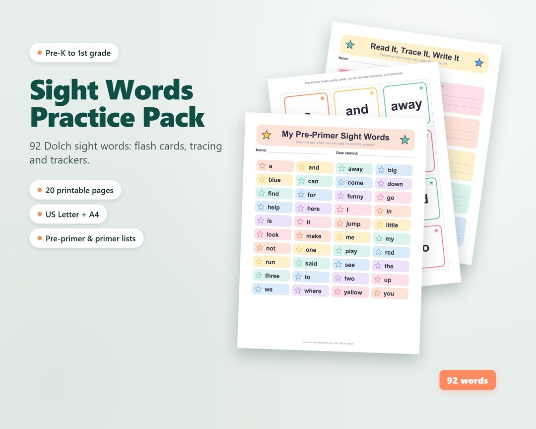 92 Dolch Sight Words Flash Cards, Pre-primer & Primer Practice (digital ...