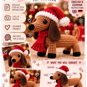 Könnte beinhalten: Eine Häkelanleitung für einen Dackel mit dem Text CROCHET PATTERN Dachshund PDF PATTERN. Das Bild zeigt einen braunen gehäkelten Dackel mit einer rot-weißen Weihnachtsmütze und einem roten Schal sowie schwarzen Pfoten und einer Nase.