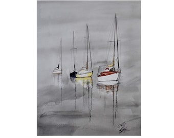 May include: A watercolor painting of three sailboats on a foggy lake. The sailboats are white with red, yellow, and black accents. The water is a light gray color and the sky is a darker gray color.