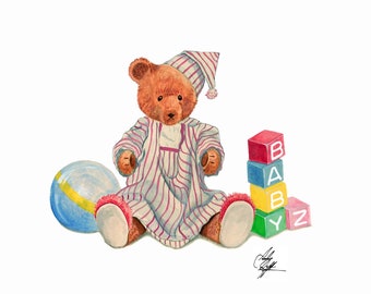 Cute Teddy Bear and Toys Art Print 8 x 10 Matted for 11 x 14 Frame.