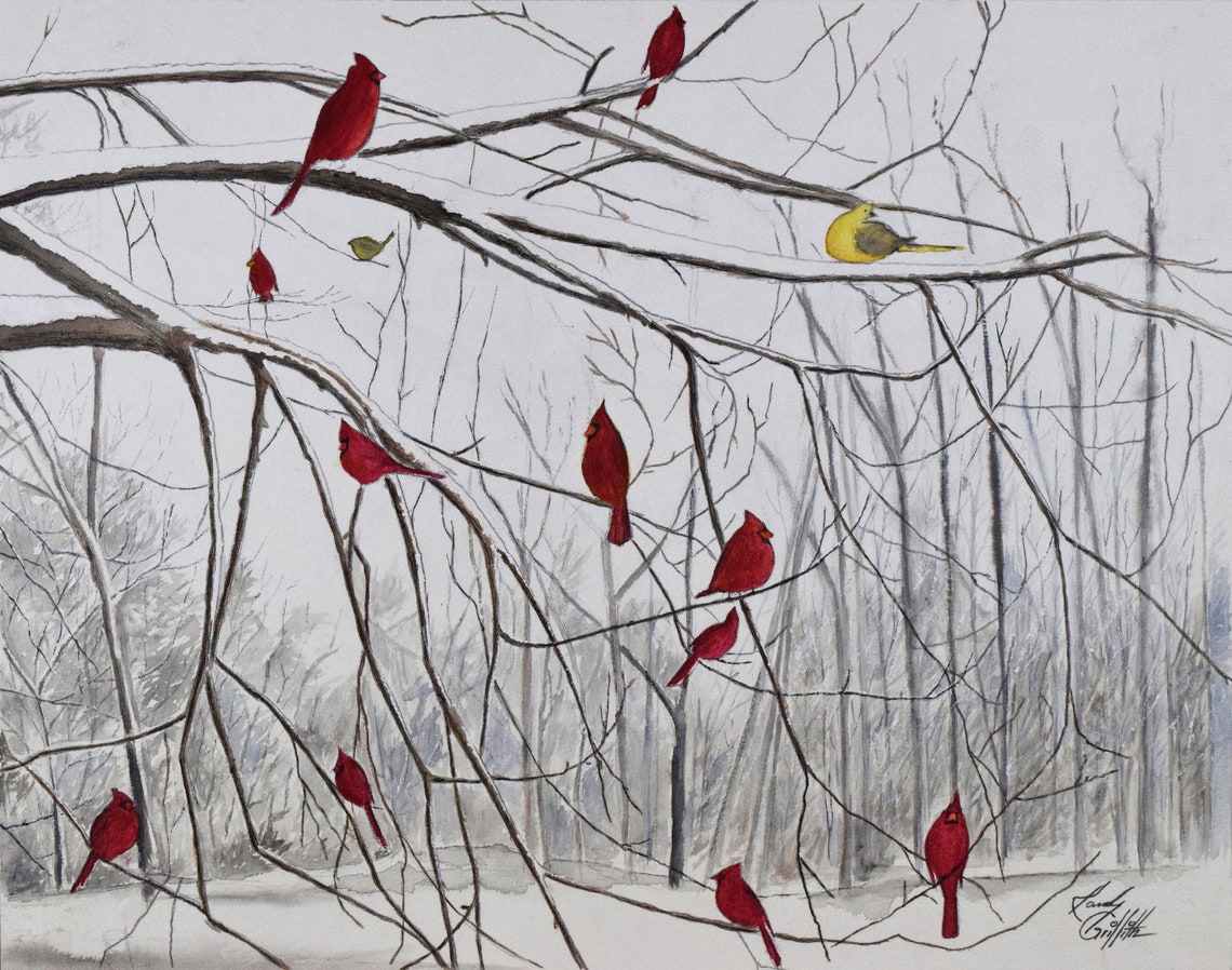 Red Bird Art Print, Cardinal Art, Birds in Snow, Red Bird Painting