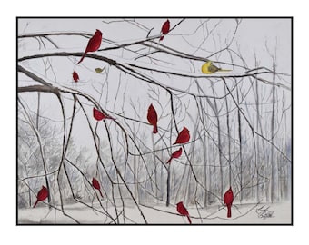 Cute Red Bird Art Print, Cardinal Art, Birds in Snow, Beautiful Red Bird Painting, Pretty Red Birds 8 x 10 Matted for 11 x 14 Frame.