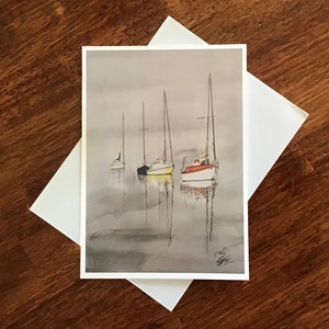 Beautiful Sailboats, Watercolor Sailboats, Peaceful Sailboats Greeting Card with Envelope.