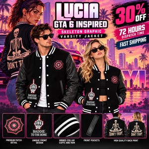 GTA Lucia Inspired Skeleton Varsity Jacket, Black Leather Sleeve Letterman Bomber