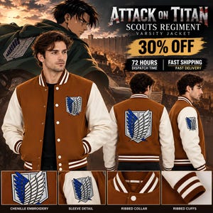 Attack on Titan Scouts Regiment Inspired Varsity Jacket, Brown Cream Anime Letterman Bomber