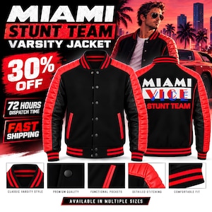 Miami  Retro Stunt Team Varsity Jacket, Black Red Leather Sleeve Letterman Bomber