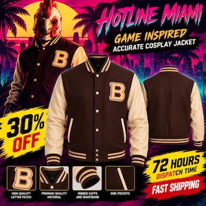 Hotline Miami Letterman Jacket, Rooster Mask Varsity Jacket, Game Inspired Cosplay Costume