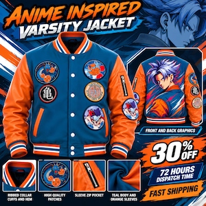 ドラゴンボールアニメにインスパイアされたバーシティジャケット、ブルーオレンジパッチレターマンボンバー