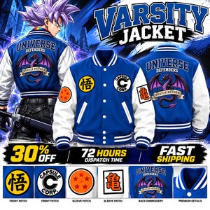 Veste universitaire inspirée d'Anime Capsule Corp, blouson bomber bleu roi à motif dragon blanc