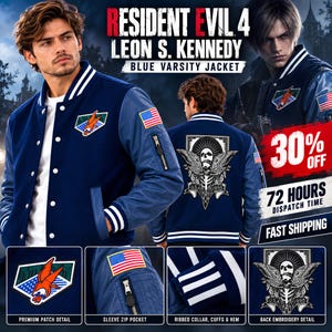 Resident Evil 4 Leon S. Kennedy Inspired Varsity Jacket, Navy Blue Gamer Bomber