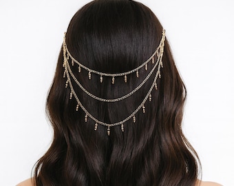 Golden bridal hair chain, Bridal jewel headpiece, Gift for her