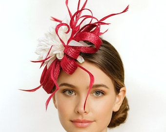 Red and Off-White Fascinator with Goose Feathers – Wedding or Event Hat for Guest