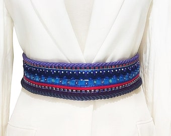 Blue, purple and red embroidery wedding sash, Ethnic bridal dress belt