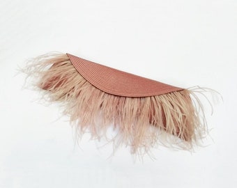 Evening clutch bag with feathers, Wedding statement straw handbag