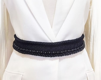 Black wedding sash belt, Boho embroidery bridal belt