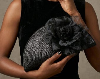 Black straw fan clutch with flower for wedding guest, events and parties
