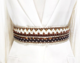 Ivory and brown statement bridal sash, Embroidery wedding dress belt