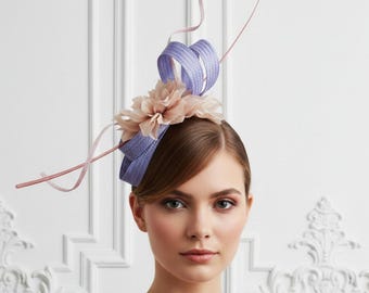 Mauve and nude sisal fascinator with flower for wedding guests