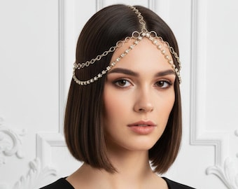 Silver head chain with crystals. 1920s inspired jewelry for brides and guests