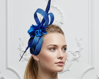 Klein Blue Hat for Wedding Guest. Sisal Fascinator with Flowers and Pheasant Feather