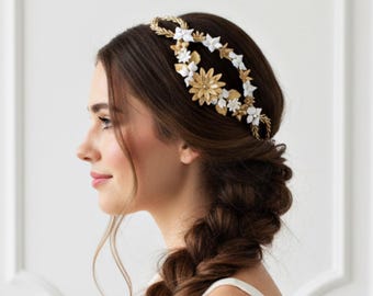 Bridal headpiece with porcelain flowers and leaves. Gothic style wedding comb