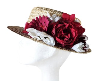 Red and natural floral boater hat, Straw cantier headpiece