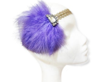 Lilac and gold 1920s gatsby feather headband. Purple flapper hairpiece