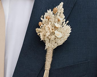 Beige and Natural Tones Boutonniere with Preserved Flowers for Groom and Wedding Groomsmen