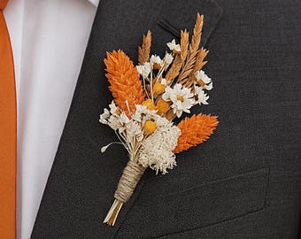 Orange & Ivory Boutonniere with Preserved Flowers for Groomsmen and Groom