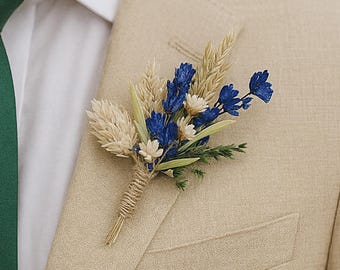 Lavender, Green & Ivory Boutonniere for Groom and Groomsmen with Preserved Flowers