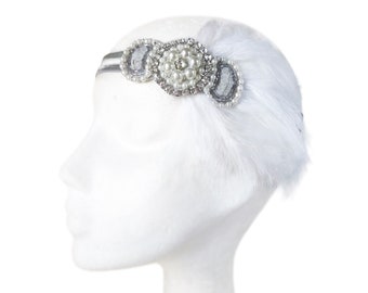 White feather 1920s headband, Crystal and pearl embroidery flapper hairpiece