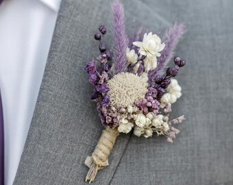 Purple & Ivory Boutonniere with Preserved Flowers for Groom and Groomsmen