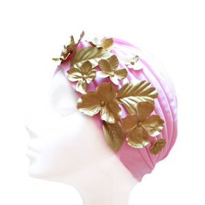 Pink turban hat with flower and leaves, Bridal hair piece, Women's hair accessories image 1