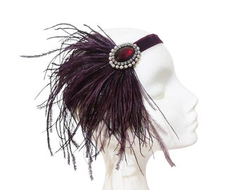Burgundy feather headband, 1920s Art Deco velvet headpiece