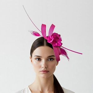 Fuchsia fasinator hat with feathers and flowers, Hot pink wedding guest headpiece
