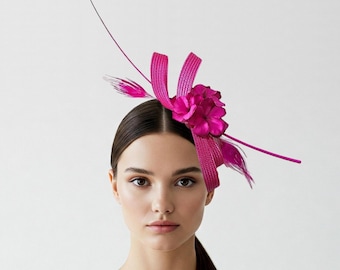 Fuchsia fascinator hat with feathers and flowers, Hot pink wedding guest headpiece