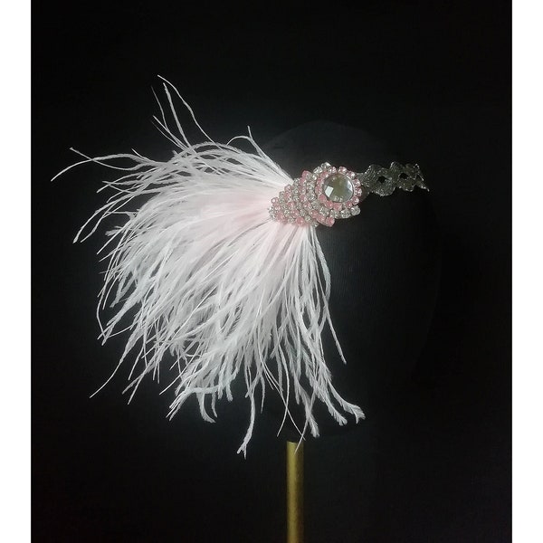 Light pink and silver great gatsby hairpiece, Art deco feather headpiece, 1920s headband