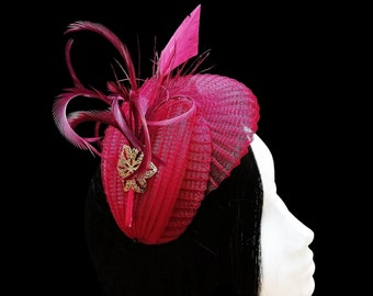Burgundy fascinator hat with feathers, Maroon wedding small headpiece