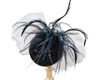 Black fascinator with bow and feathers, Funeral womens hats