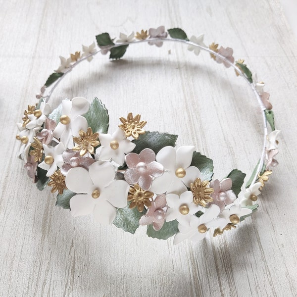 Bridal porcelain flower and leaf crown, Boho wedding hair wreath, Green, pale pink, gold and white